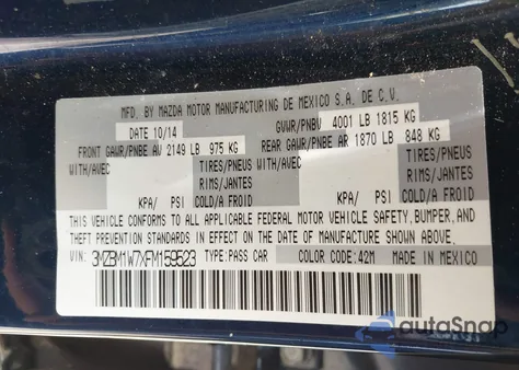 2015 Mazda 3 Grand Touring from USA, damaged, VIN 3MZBM1W7XFM159523